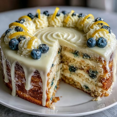 Lemon Blueberry Spring Birthday Cake with fluffy lemon cream cheese frosting and fresh berries.