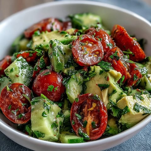 Vibrant cucumber tomato avocado salad with lemon dressing, perfect for a light lunch or as a refreshing appetizer.  