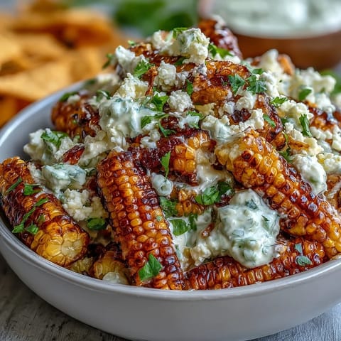 Creamy elote dip with charred corn, cotija cheese, and lime served with crispy tortilla chips.  