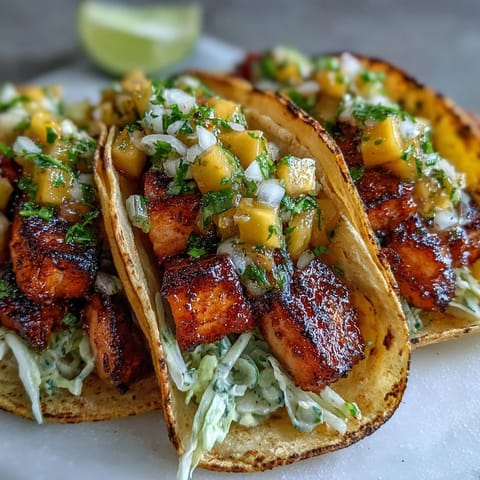 Grilled salmon tacos with mango salsa bursting with flavor, served on warm tortillas with fresh cabbage.  
