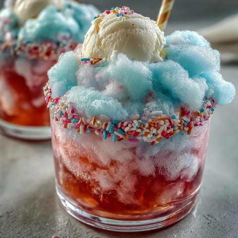 Sweet and tart Cotton Candy Lemonade Float topped with fluffy cotton candy and fresh mint, perfect for festive gatherings.