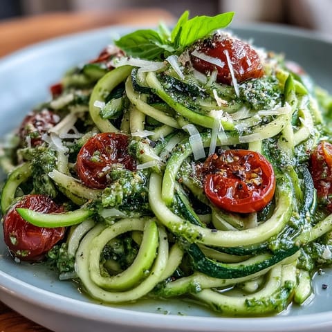 Vibrant zucchini noodles tossed with fresh basil pesto and juicy cherry tomatoes for a light, gluten-free meal.