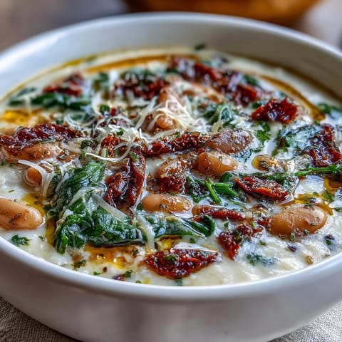 Creamy Tuscan White Bean Soup with tender beans and spinach in a rich, velvety broth.