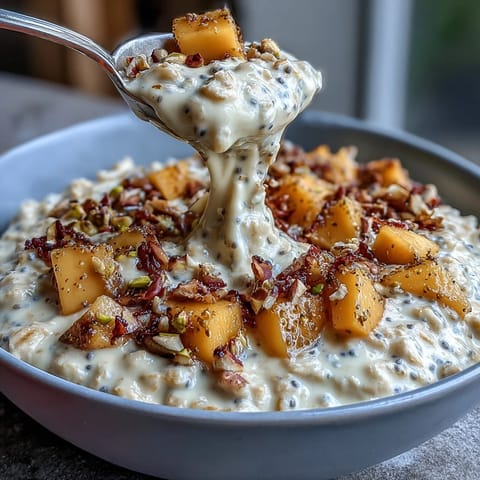 Creamy mango lassi overnight oats with fresh mango, yogurt, and cardamom in a glass jar.