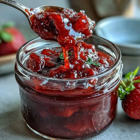 Rustic strawberry jam in a mason jar, vibrant red and glistening, ready to spread on warm toast for a cozy breakfast.
