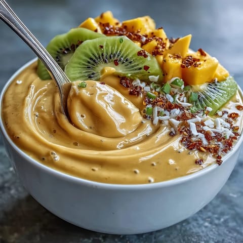 Vibrant mango chili lime smoothie bowl topped with fresh fruit and crunchy granola.