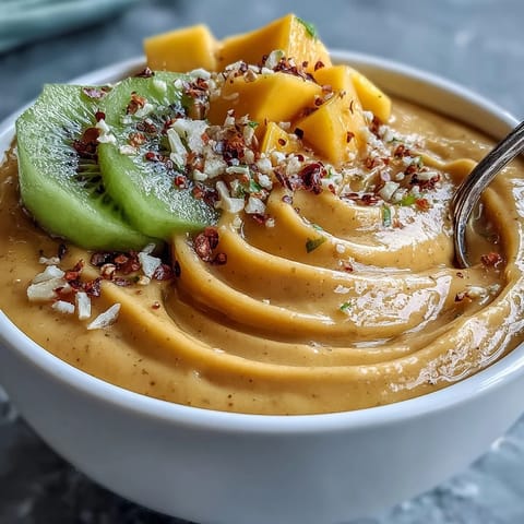 A refreshing mango chili lime smoothie bowl, bright with tropical flavors and a hint of spice.