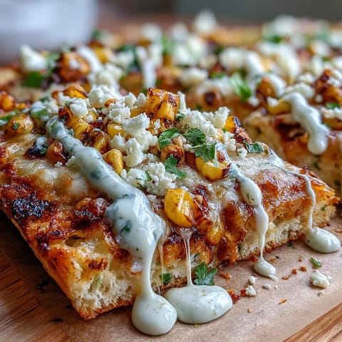Fiesta-ready flatbread loaded with street corn, cotija cheese, and a spicy crema drizzle.
