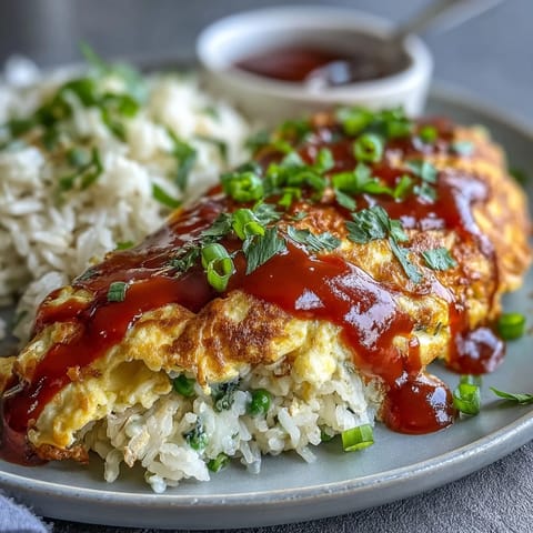 Glistening Japanese Omurice with bright ketchup rice and a tender, fluffy egg.