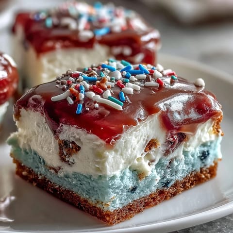 Delicious Patriotic Poke Cake, bursting with colorful gelatin and smooth white chocolate.