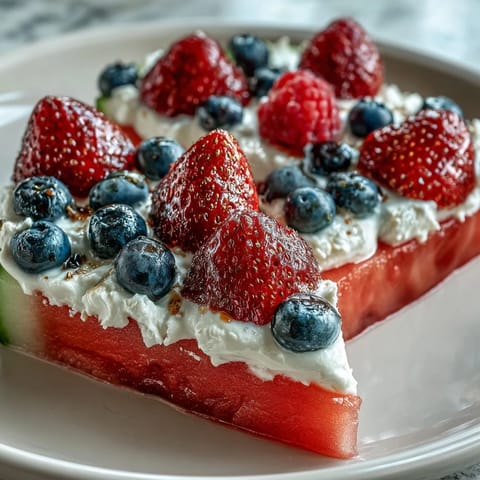 Festive 4th of July Watermelon Pizza crowned with fresh berries and sweet cream.