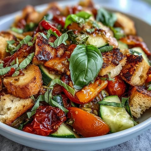 Colorful Summer Panzanella salad with grilled bread and ripe tomatoes.