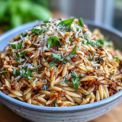 Vibrant sun-dried tomato pesto orzo, coated in rich, herbaceous sauce.