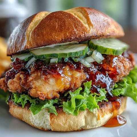 Golden brown crispy hot honey chicken sandwich on a brioche bun with pickles.
