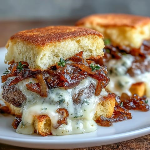 French Onion Smash Burger Sliders, cheesy and loaded with sweet caramelized onions.