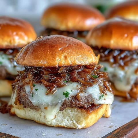 Mini smashed French Onion Smash Burger Sliders, perfect for a quick dinner.