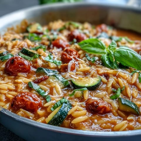 One-Pan Creamy Tomato Zucchini Orzo with fresh basil topping.