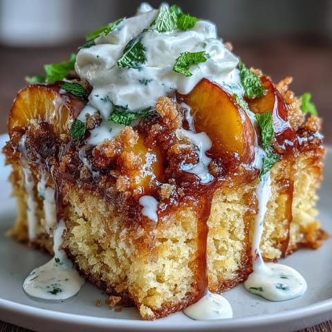 Sweet baked cornbread shortcake layers brimming with juicy peaches and cream.
