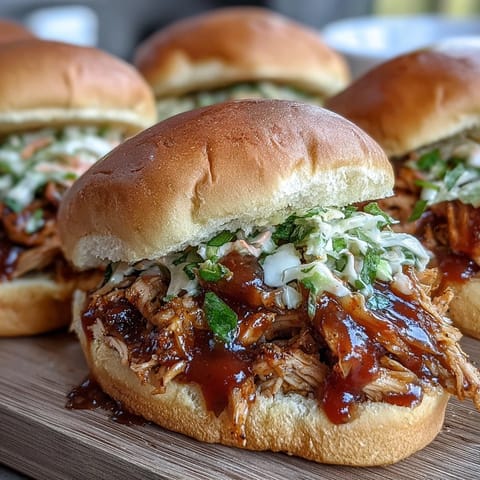 Juicy Honey Peach BBQ Chicken Sliders piled high on toasted buns.