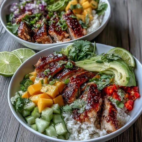 Bright Mango Chili Lime Chicken Bowls with fresh avocado, bell pepper, and cilantro.