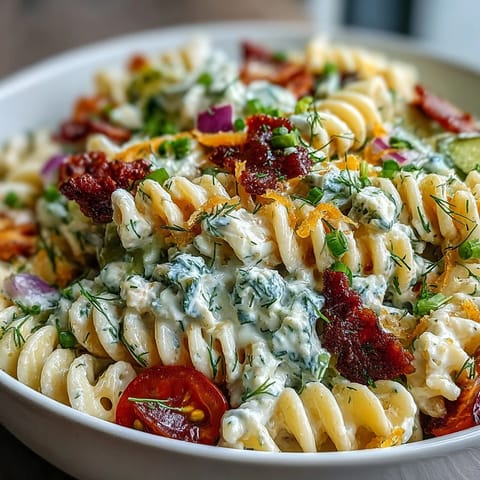 Dill pickle ranch pasta salad, creamy with tangy pickles, ready for a summer picnic.