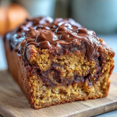 Moist Pumpkin Chocolate Swirl Banana Bread baked golden with gooey chocolate ribbons.