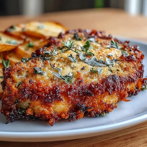 Golden brown Crispy Parmesan Apple and Sage Pork Chops with tender apples.