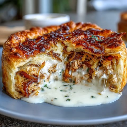 Golden baked Creamy French Onion Chicken Pot Pie with bubbly, savory filling.