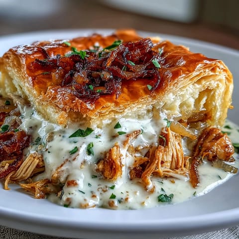 Comforting Creamy French Onion Chicken Pot Pie, crust golden, chicken juicy.