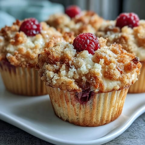 Close-up of golden Raspberry Apple Crumble Muffins, bursting with fruit and topping.