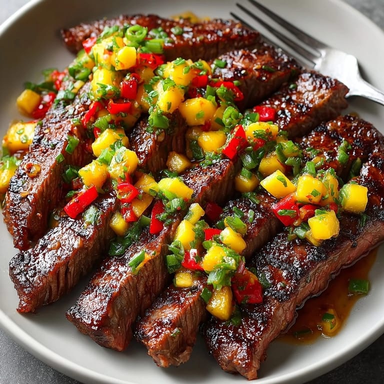 Freshly grilled steak glistening, infused with sweet chili and zesty Chili Mango Bourbon marinade.