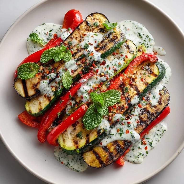 Cool, creamy Herbed Yogurt Zhoug Sauce, a flavorful topping for your favorite grilled vegetables.