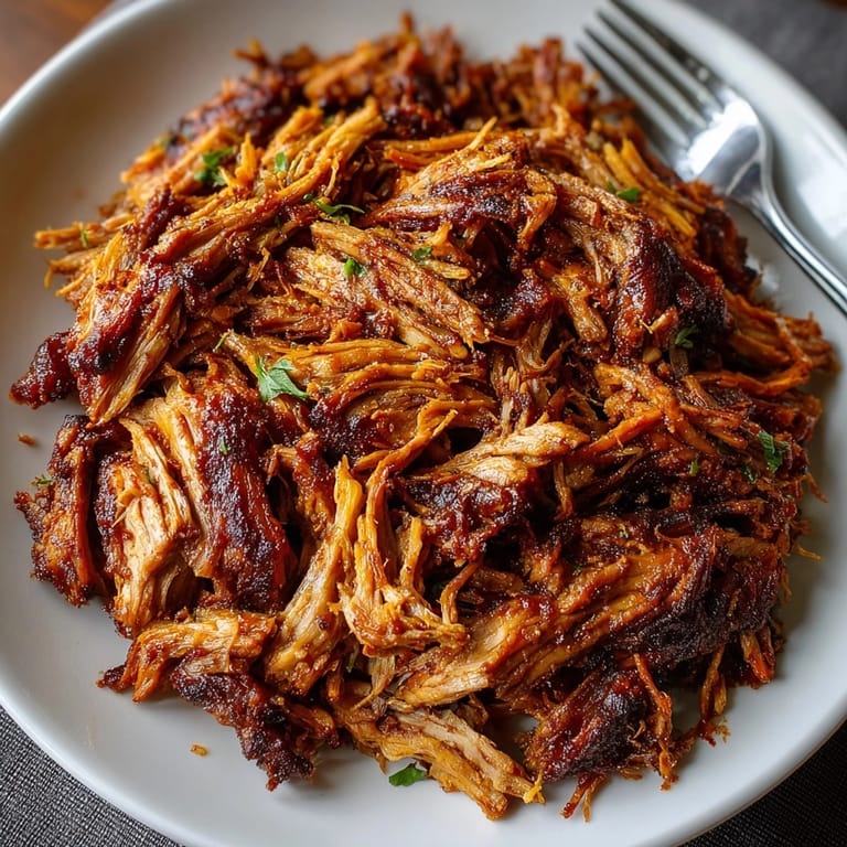 A photo of the finished Coffee-Chipotle Slow Smoked Pork Shoulder recipe before serving, glistening and pulled apart.