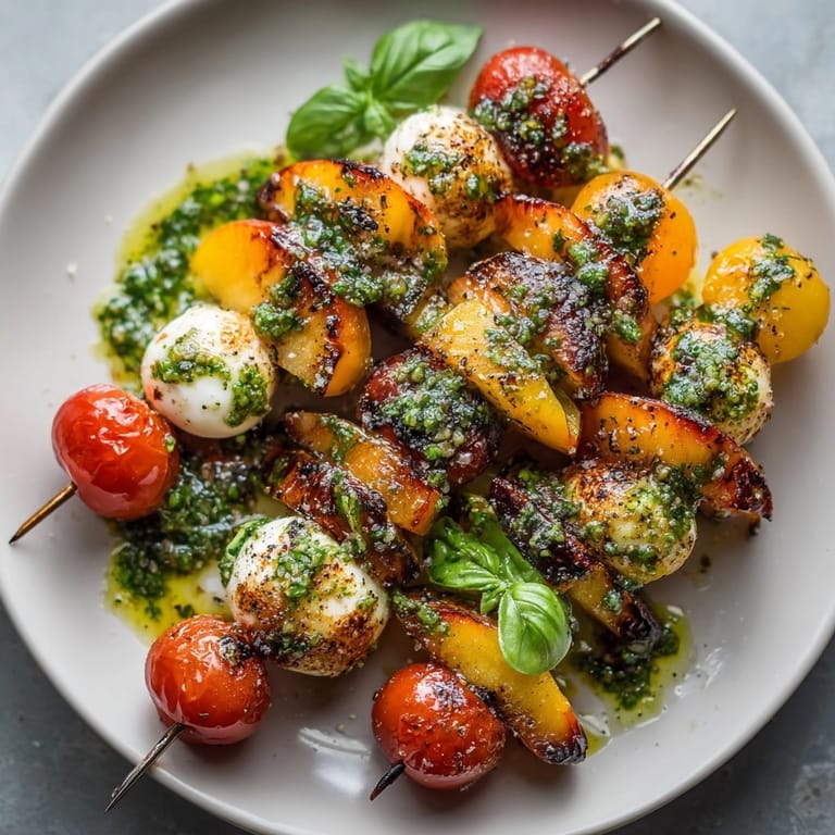 Enjoy the vibrant colors of grilled peach Caprese skewers, drizzled with flavorful basil vinaigrette!
