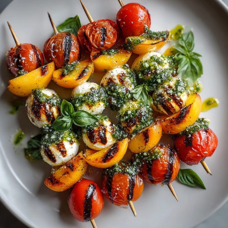 These delicious grilled peach Caprese skewers offer a refreshing blend of sweet peaches and savory mozzarella.