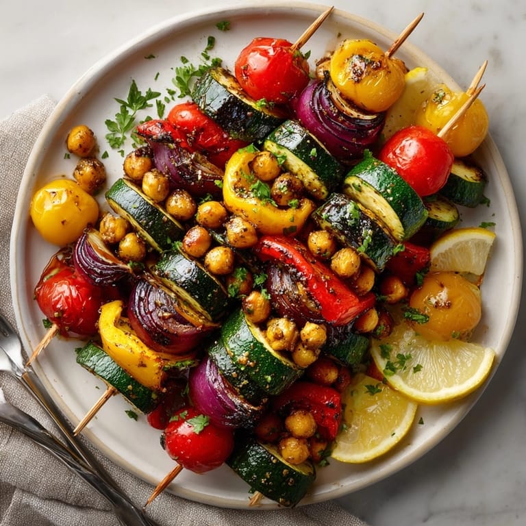 Smoky and flavorful Fire-Roasted Za'atar Chickpea Brochettes, skewered for a delicious, healthy dinner idea.