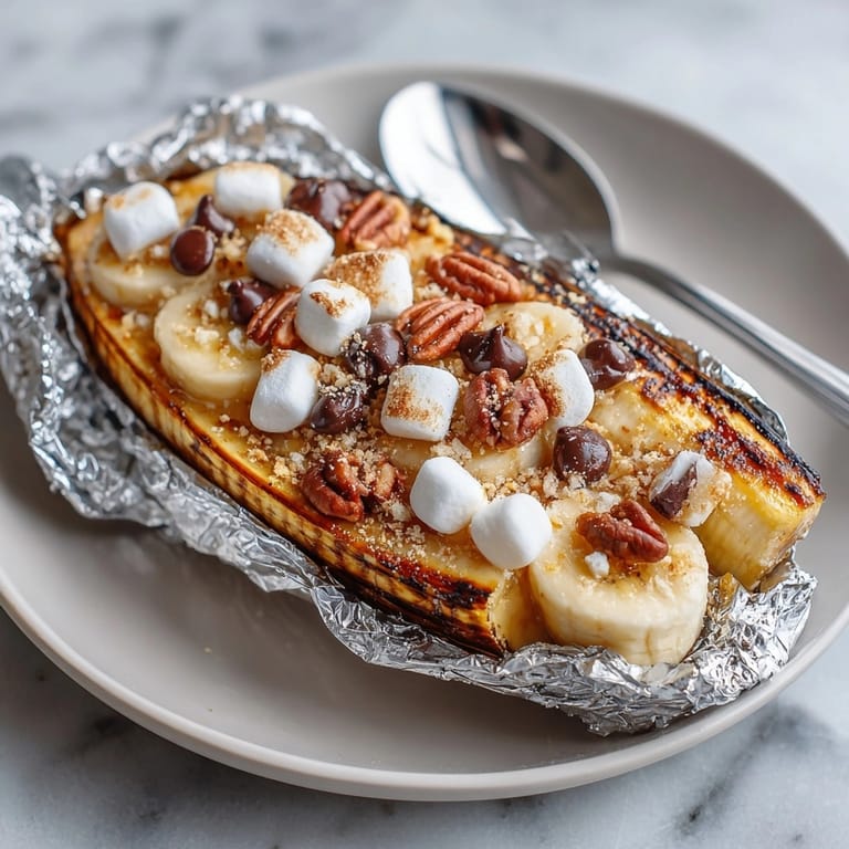 A close-up reveals delicious and melty Choco-Banana Campfire Grill Packs, perfect campfire dessert treat.