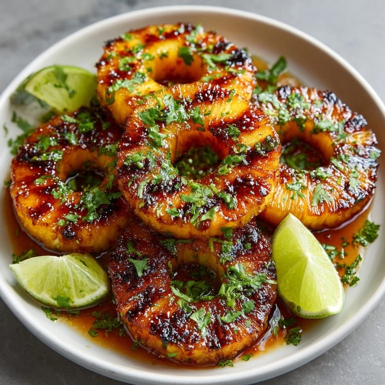 Close-up view of Honey-Sriracha Grilled Pineapple Rings featuring grill marks and cilantro garnish.