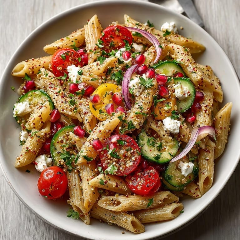 Tossed quinoa pasta salad with pomegranate seeds, a vegetarian delight, bursting with fresh flavors.