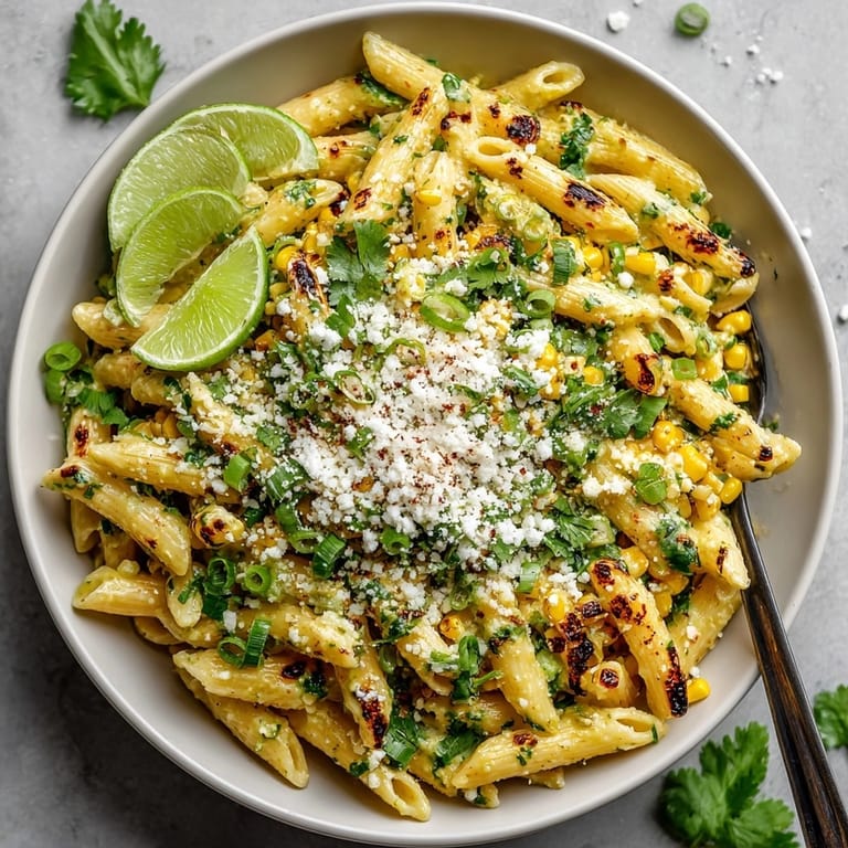 Close-up of the vibrant Mexican Street Corn Pasta, featuring cotija cheese crumbles sprinkled on top.