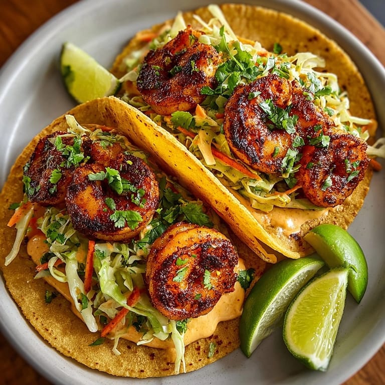 Freshly made Cajun shrimp tacos served on warm tortillas with vibrant slaw and zesty lime