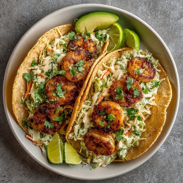 Sizzling Cajun shrimp tacos garnished with cilantro, avocado, and a drizzle of tangy sauce