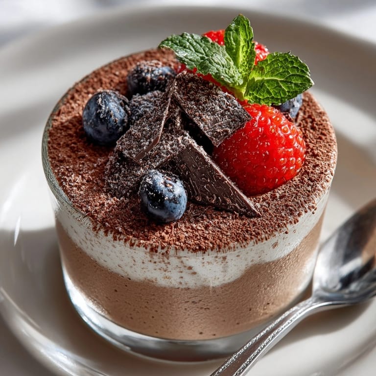 Close-up of airy ricotta chocolate mousse with a creamy texture, garnished with mint and cocoa powder.