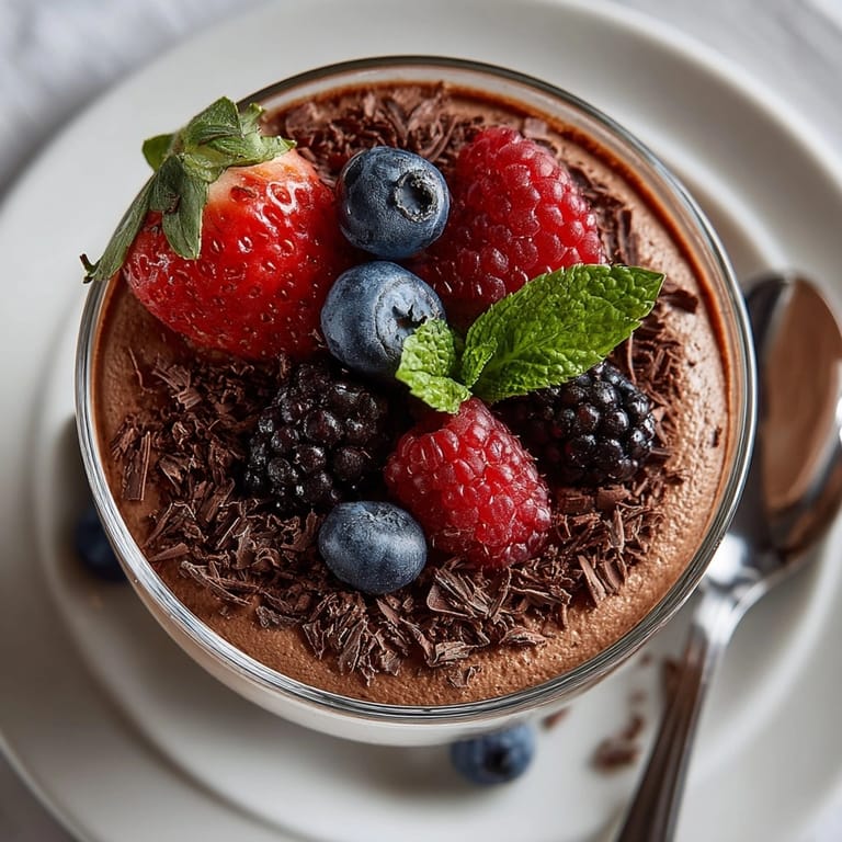 Chilled ricotta chocolate mousse served as a gluten-free vegetarian dessert, perfect for special occasions or dinner parties.
