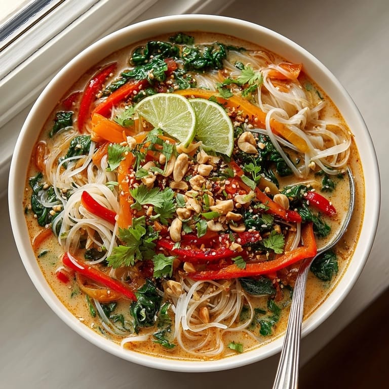 Steaming bowl of Thai Peanut Noodle Soup garnished with cilantro, peanuts, and lime wedges.