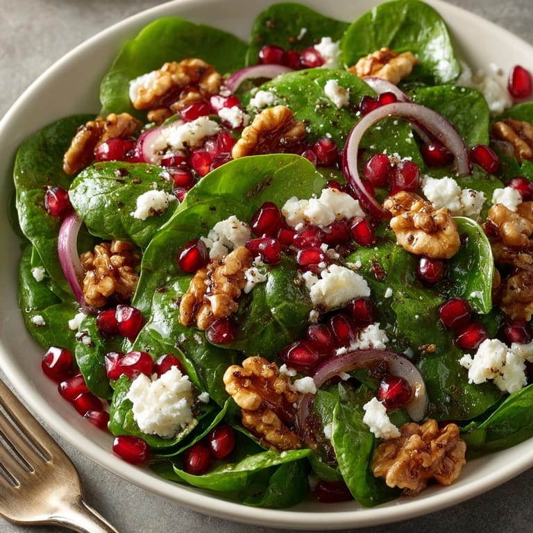 Colorful pomegranate spinach salad featuring juicy seeds, creamy feta, crunchy walnuts, and crisp red onion.