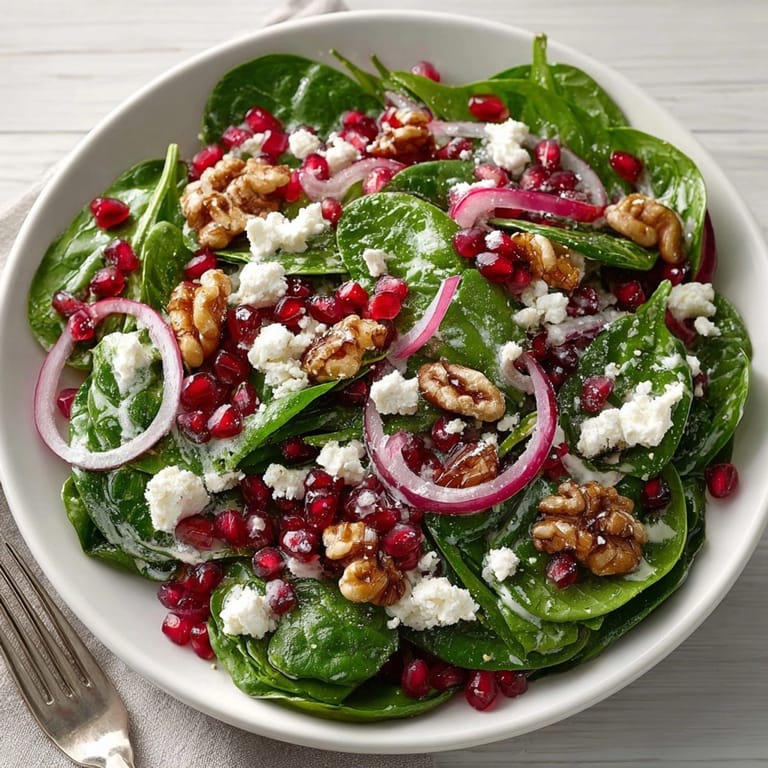 Vibrant pomegranate spinach salad displayed as a light vegetarian main or festive holiday side.