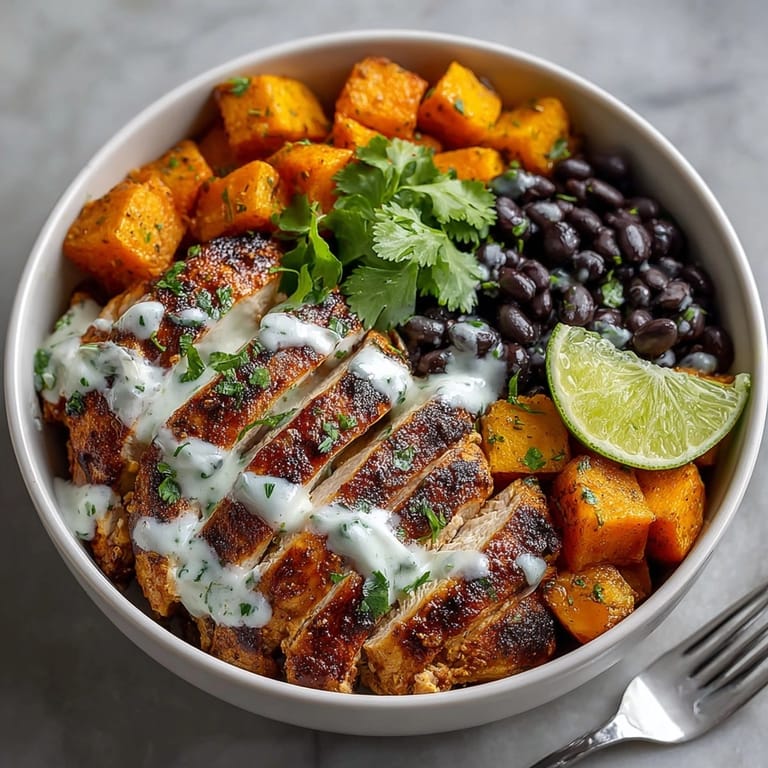 Smoky Chipotle Chicken Bowl with creamy cilantro lime sauce, roasted sweet potatoes, and hearty black beans arranged for lunch.