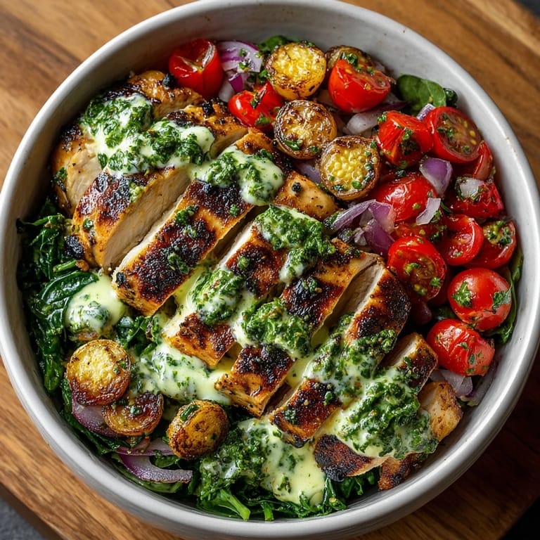 Chimichurri Grilled Chicken Bowl with Garlic Sauce, garnished with fresh tomatoes and creamy dressing.