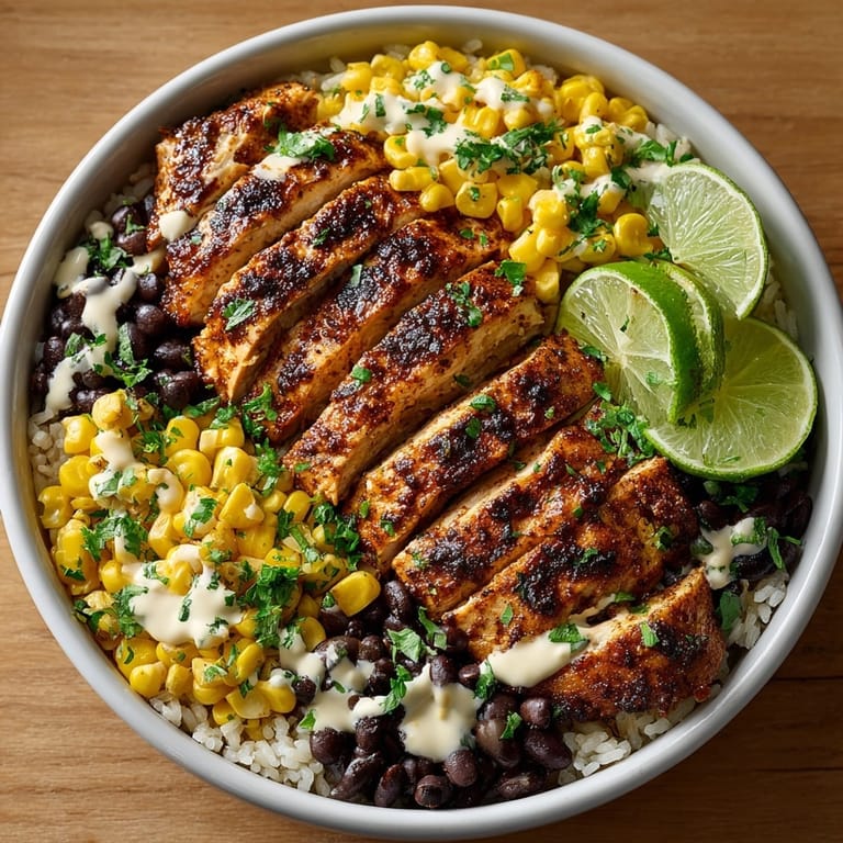 Hearty Chipotle Chicken Bowl with Black Beans and Corn, finished with tangy, creamy chipotle sauce.